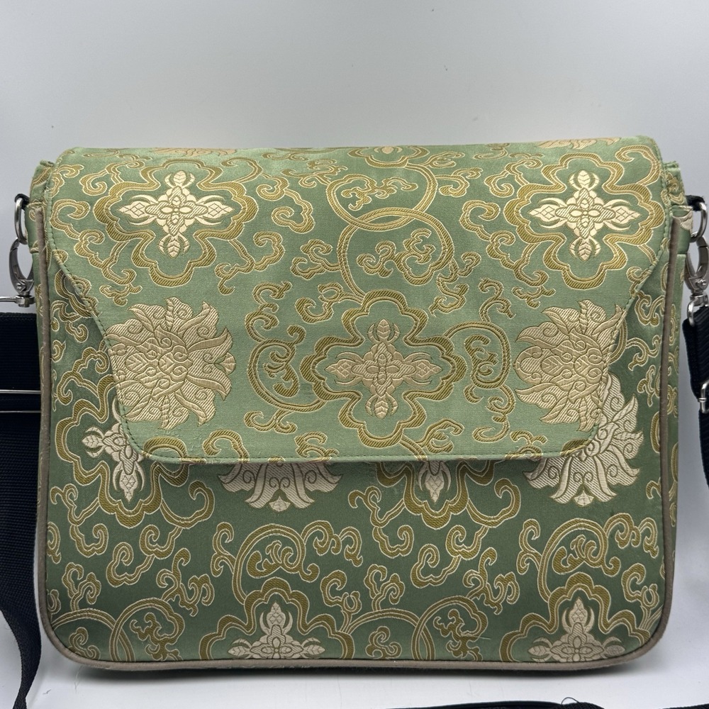 Darci Designer JADE Silk Brocade Print Messenger Crossbody Laptop Bag Floral EUC